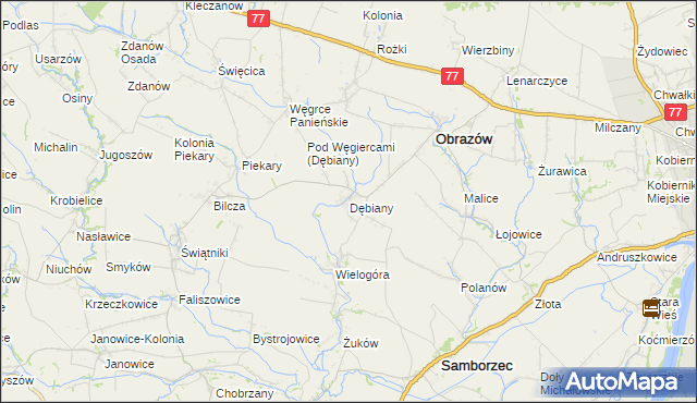 mapa Dębiany gmina Obrazów, Dębiany gmina Obrazów na mapie Targeo