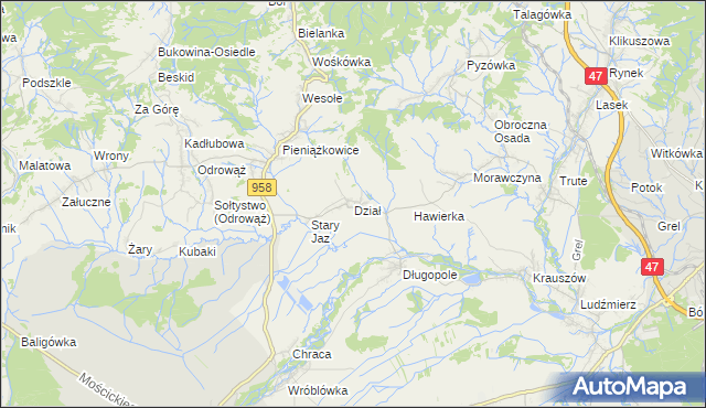 mapa Dział gmina Czarny Dunajec, Dział gmina Czarny Dunajec na mapie Targeo