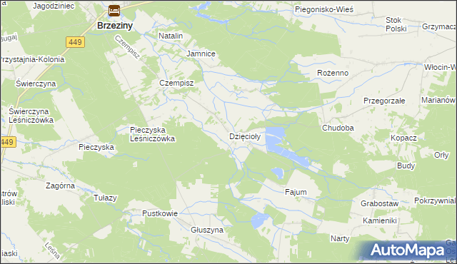 mapa Dzięcioły gmina Brzeziny, Dzięcioły gmina Brzeziny na mapie Targeo
