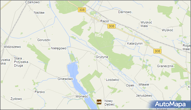 mapa Gryżyna gmina Kościan, Gryżyna gmina Kościan na mapie Targeo