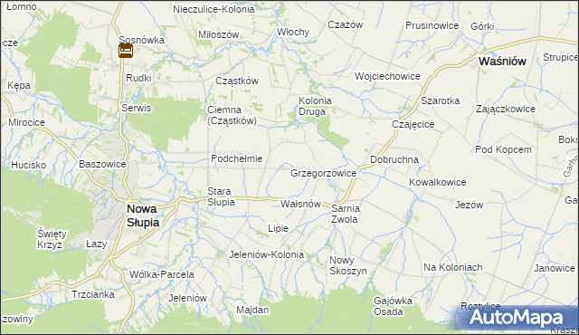 mapa Grzegorzowice gmina Waśniów, Grzegorzowice gmina Waśniów na mapie Targeo