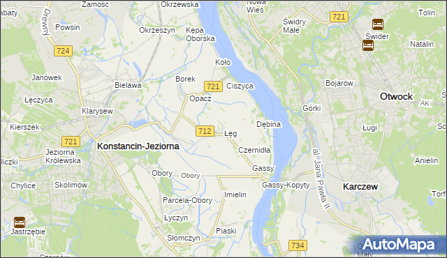 mapa Łęg gmina Konstancin-Jeziorna, Łęg gmina Konstancin-Jeziorna na mapie Targeo
