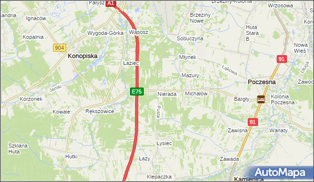 mapa Nierada gmina Poczesna, Nierada gmina Poczesna na mapie Targeo