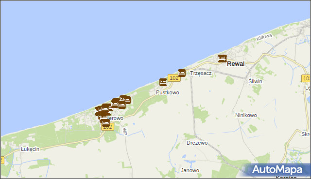mapa Pustkowo gmina Rewal, Pustkowo gmina Rewal na mapie Targeo