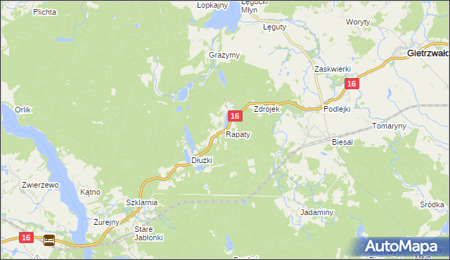 mapa Rapaty gmina Gietrzwałd, Rapaty gmina Gietrzwałd na mapie Targeo