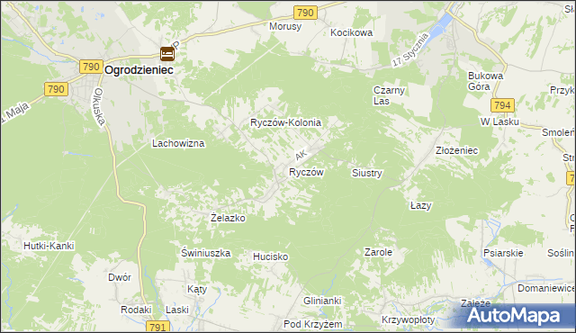 mapa Ryczów gmina Ogrodzieniec, Ryczów gmina Ogrodzieniec na mapie Targeo