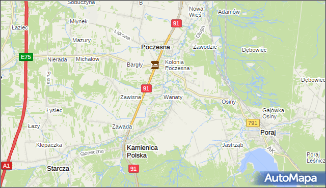 mapa Wanaty gmina Kamienica Polska, Wanaty gmina Kamienica Polska na mapie Targeo
