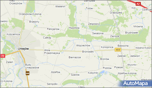 mapa Wojciechów gmina Wartkowice, Wojciechów gmina Wartkowice na mapie Targeo