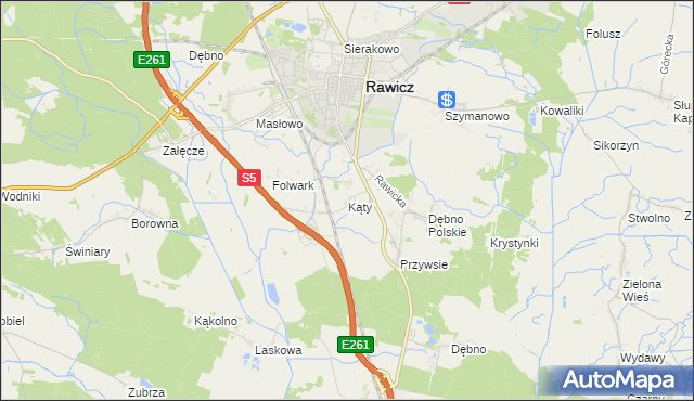 mapa Kąty gmina Rawicz, Kąty gmina Rawicz na mapie Targeo