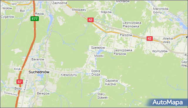 mapa Mostki gmina Suchedniów, Mostki gmina Suchedniów na mapie Targeo