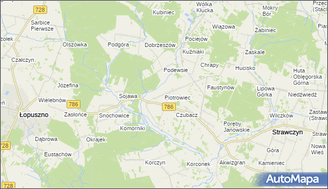 mapa Piotrowiec gmina Łopuszno, Piotrowiec gmina Łopuszno na mapie Targeo