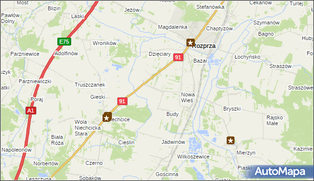 mapa Białocin gmina Rozprza, Białocin gmina Rozprza na mapie Targeo