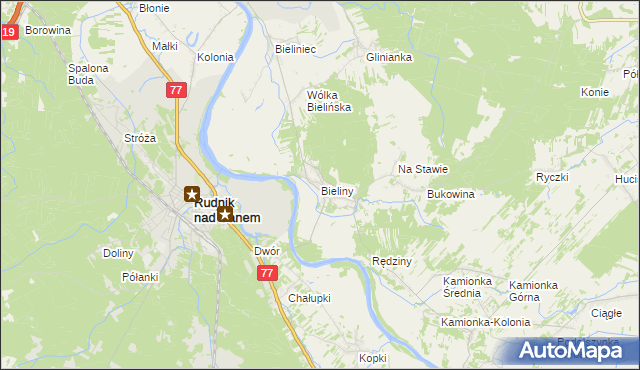mapa Bieliny gmina Ulanów, Bieliny gmina Ulanów na mapie Targeo