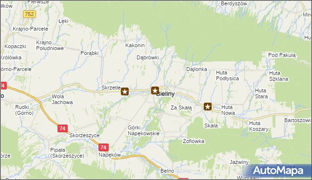 mapa Bieliny powiat kielecki, Bieliny powiat kielecki na mapie Targeo