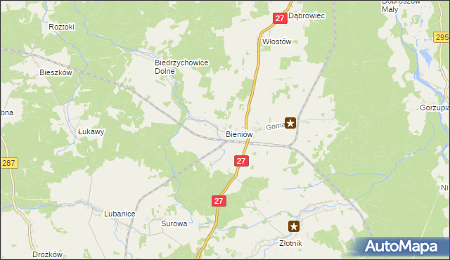mapa Bieniów gmina Żary, Bieniów gmina Żary na mapie Targeo