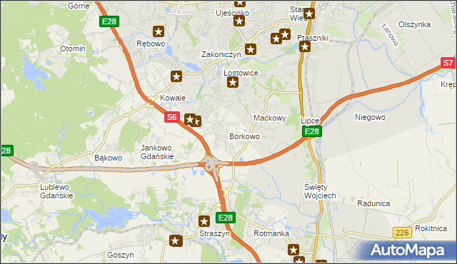 mapa Borkowo gmina Pruszcz Gdański, Borkowo gmina Pruszcz Gdański na mapie Targeo