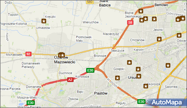 mapa Bronisze gmina Ożarów Mazowiecki, Bronisze gmina Ożarów Mazowiecki na mapie Targeo