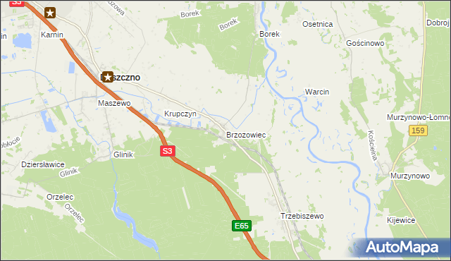 mapa Brzozowiec gmina Deszczno, Brzozowiec gmina Deszczno na mapie Targeo