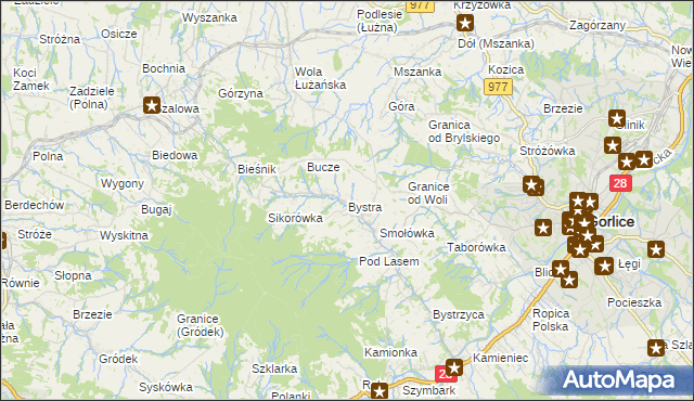 mapa Bystra gmina Gorlice, Bystra gmina Gorlice na mapie Targeo