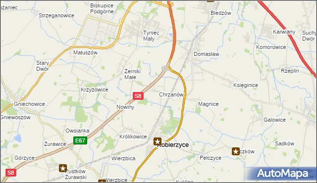 mapa Chrzanów gmina Kobierzyce, Chrzanów gmina Kobierzyce na mapie Targeo