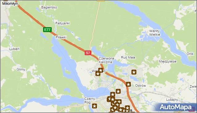 mapa Czerwona Karczma gmina Ostróda, Czerwona Karczma gmina Ostróda na mapie Targeo