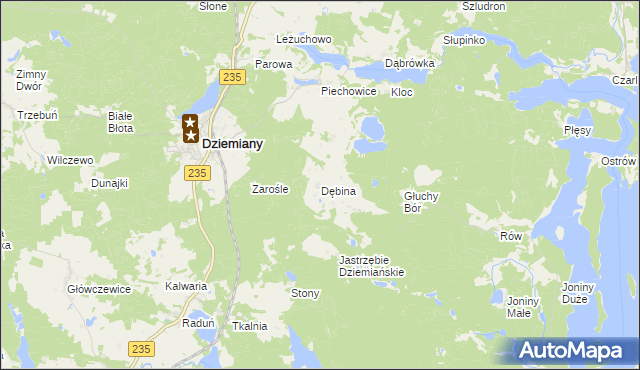mapa Dębina gmina Dziemiany, Dębina gmina Dziemiany na mapie Targeo