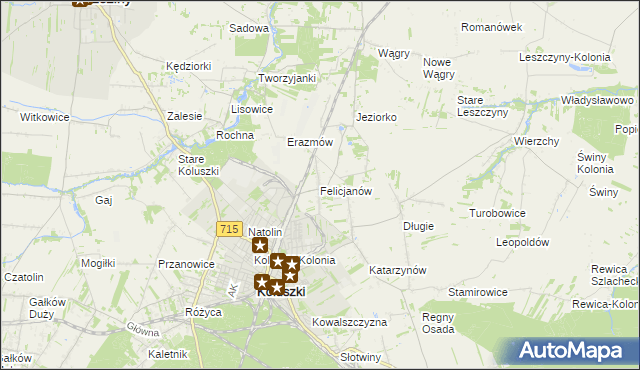 mapa Felicjanów gmina Koluszki, Felicjanów gmina Koluszki na mapie Targeo