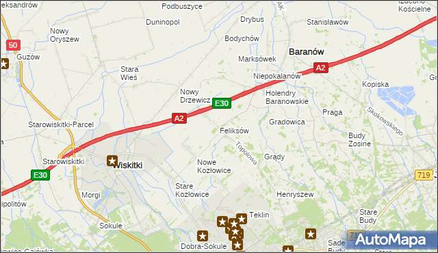 mapa Feliksów gmina Wiskitki, Feliksów gmina Wiskitki na mapie Targeo