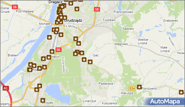 mapa Gać gmina Grudziądz, Gać gmina Grudziądz na mapie Targeo