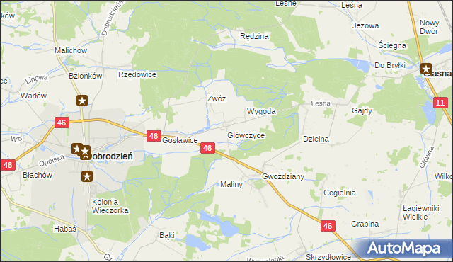 mapa Główczyce gmina Dobrodzień, Główczyce gmina Dobrodzień na mapie Targeo