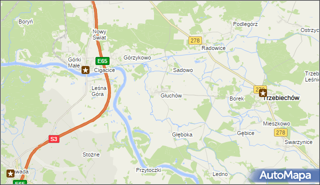 mapa Głuchów gmina Trzebiechów, Głuchów gmina Trzebiechów na mapie Targeo