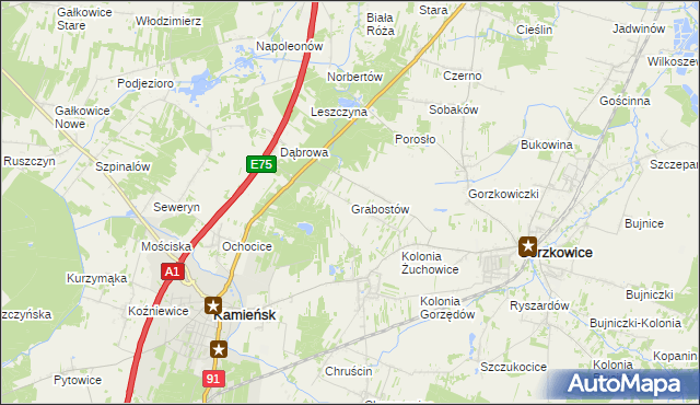 mapa Grabostów gmina Gorzkowice, Grabostów gmina Gorzkowice na mapie Targeo