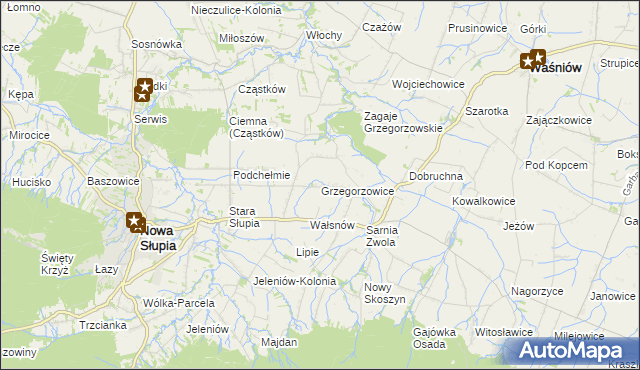 mapa Grzegorzowice gmina Waśniów, Grzegorzowice gmina Waśniów na mapie Targeo