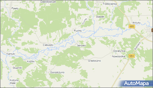 mapa Janowo gmina Narew, Janowo gmina Narew na mapie Targeo