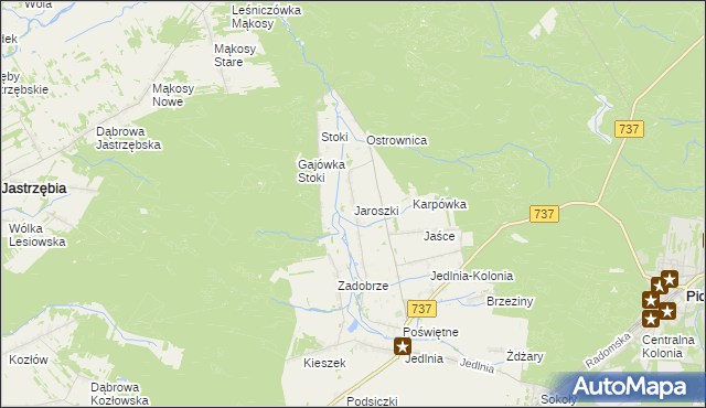 mapa Jaroszki gmina Pionki, Jaroszki gmina Pionki na mapie Targeo