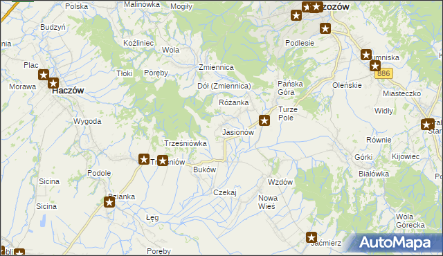 mapa Jasionów gmina Haczów, Jasionów gmina Haczów na mapie Targeo