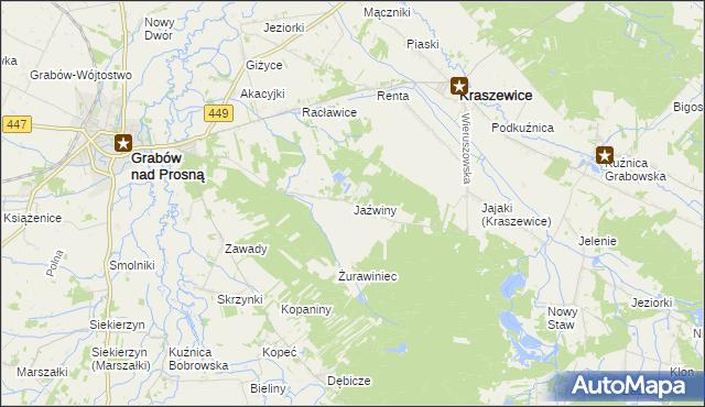 mapa Jaźwiny gmina Kraszewice, Jaźwiny gmina Kraszewice na mapie Targeo