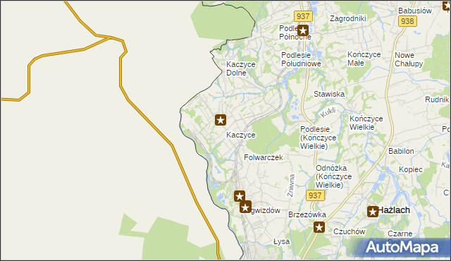 mapa Kaczyce gmina Zebrzydowice, Kaczyce gmina Zebrzydowice na mapie Targeo