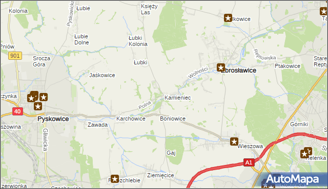 mapa Kamieniec gmina Zbrosławice, Kamieniec gmina Zbrosławice na mapie Targeo