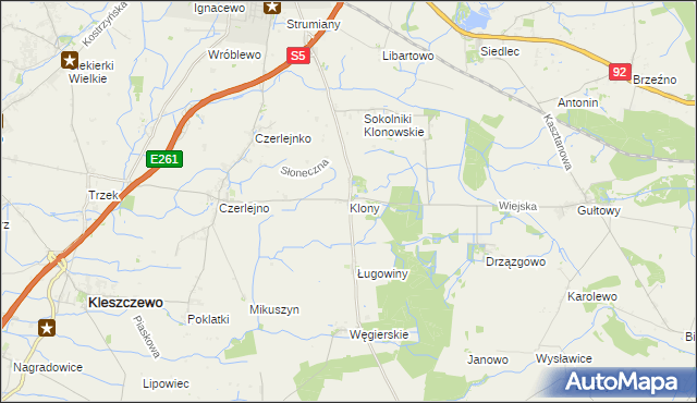 mapa Klony gmina Kostrzyn, Klony gmina Kostrzyn na mapie Targeo