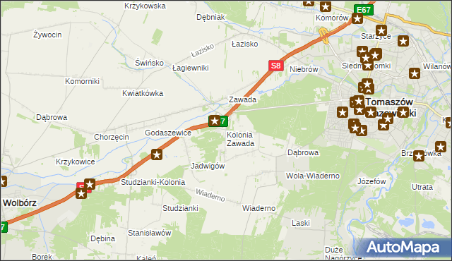 mapa Kolonia Zawada gmina Tomaszów Mazowiecki, Kolonia Zawada gmina Tomaszów Mazowiecki na mapie Targeo