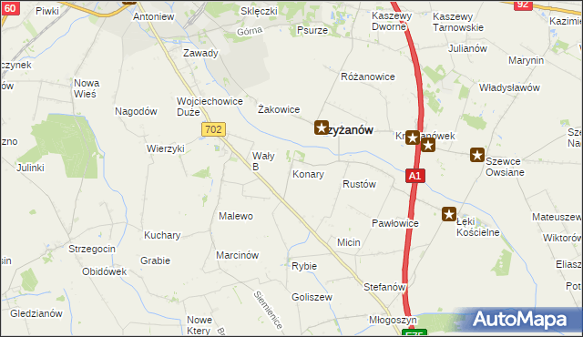 mapa Konary gmina Krzyżanów, Konary gmina Krzyżanów na mapie Targeo