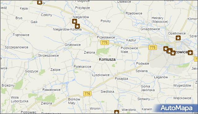 mapa Koniusza powiat proszowicki, Koniusza powiat proszowicki na mapie Targeo