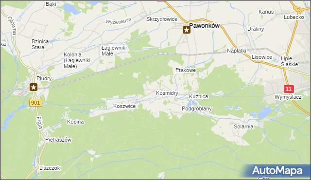 mapa Kośmidry gmina Pawonków, Kośmidry gmina Pawonków na mapie Targeo