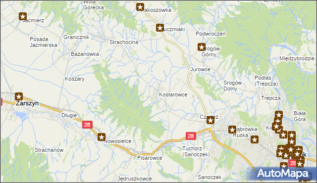 mapa Kostarowce, Kostarowce na mapie Targeo