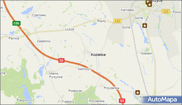 mapa Kozielice powiat pyrzycki, Kozielice powiat pyrzycki na mapie Targeo