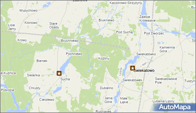 mapa Koźliny gmina Lubiewo, Koźliny gmina Lubiewo na mapie Targeo