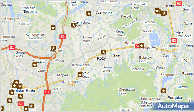 mapa Kozy powiat bielski, Kozy powiat bielski na mapie Targeo