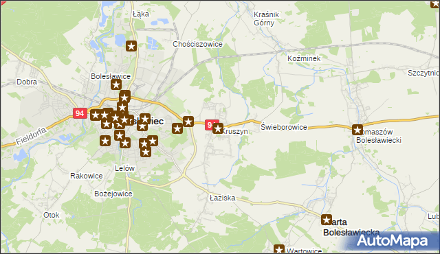 mapa Kruszyn gmina Bolesławiec, Kruszyn gmina Bolesławiec na mapie Targeo