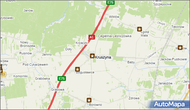 mapa Kruszyna powiat częstochowski, Kruszyna powiat częstochowski na mapie Targeo